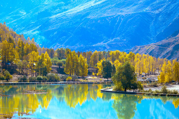Autumn in the mountains. Sissu is a small town in India's Lahaul Valley of Himachal Pradesh. It is around 40 km from Manali and located on the right bank of the Chandrabhaga River.