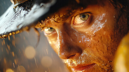 close up of miners face, glistening with sweat and dirt, captures intensity of hard work and determination. focus on eyes reveals story of resilience and grit