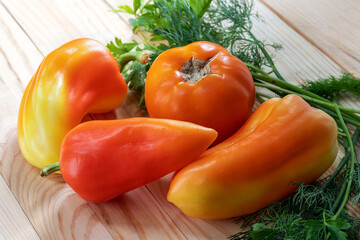 Vegetables for salad: bell pepper, yellow tomato, dill and parsley. Fresh vegetables, ingredients for salad