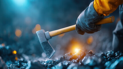 miners hand grips sturdy pickaxe, ready to break through dark, rocky terrain. scene captures essence of hard work and determination in mining environment