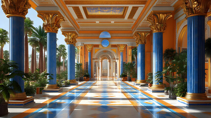 Fototapeta premium Golden and Blue Colonnade Palace Interior 3D Illustration