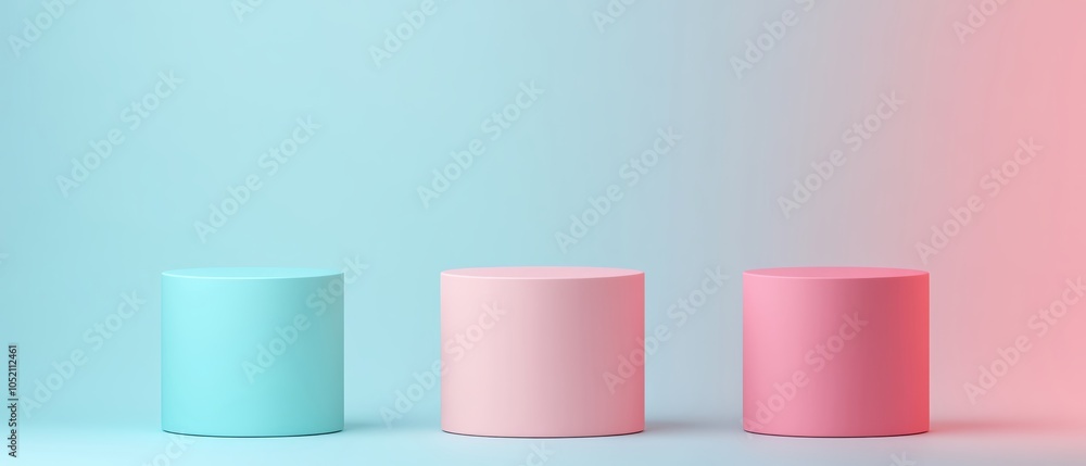 Poster clean and modern scene with three cylindrical platforms in soft blue and pink, set against a glowing