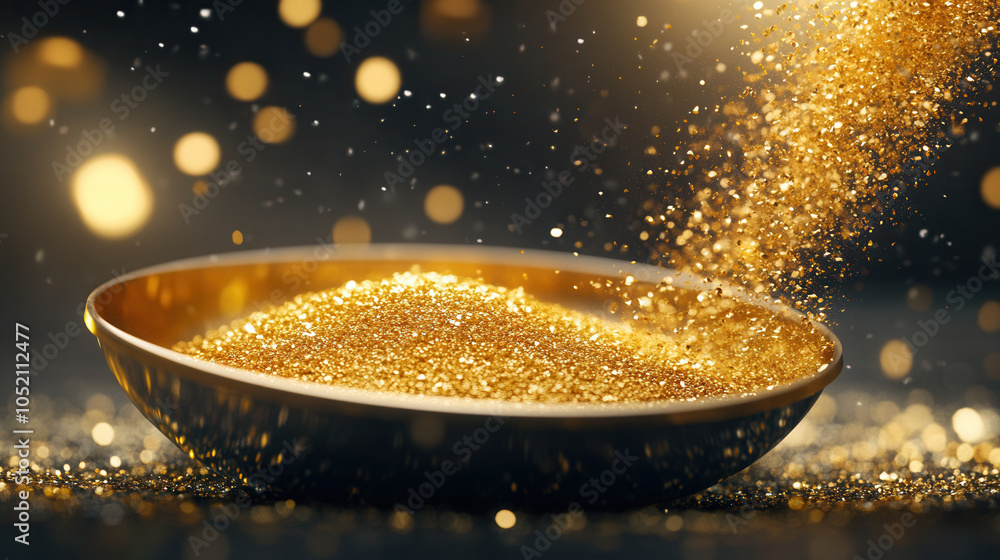Poster close up of shimmering gold dust being sifted through pan, creating mesmerizing display of sparkling