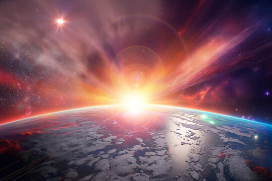 bright fantasy sunrise of the sun over planet earth elements of this image furnished by nasa
