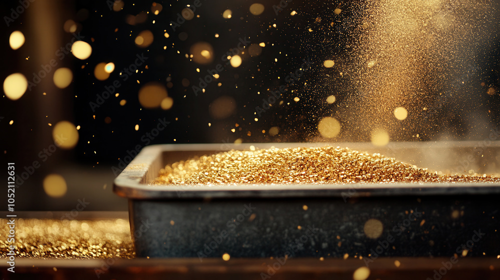 Poster close up of gold dust being sifted through pan, creating mesmerizing display of shimmering particles