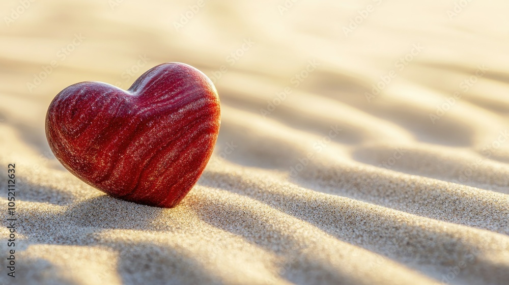 Poster heart-shaped pebble on soft sand, a simple kindness symbol with ample space for text