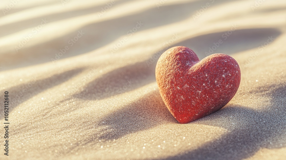 Poster heart-shaped pebble on soft sand, a simple kindness symbol with ample space for text