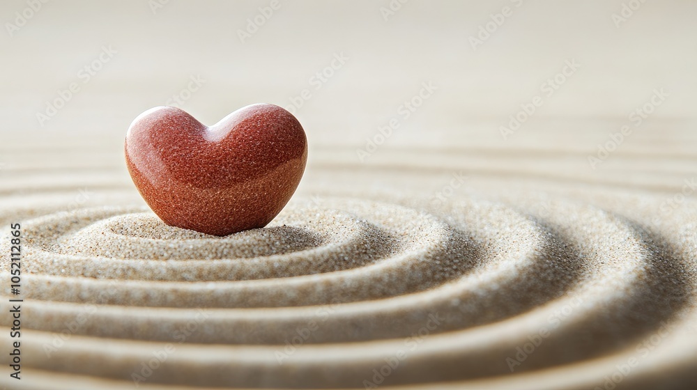 Poster heart-shaped pebble on soft sand, a simple kindness symbol with ample space for text