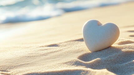 Fototapeta premium Heart-shaped pebble on soft sand, a simple kindness symbol with ample space for text
