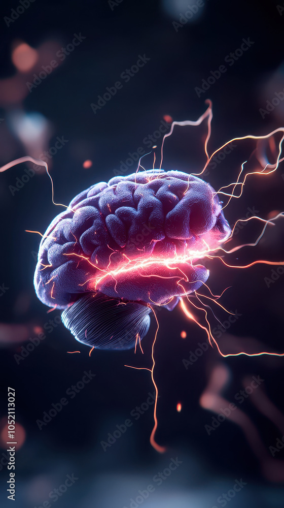 Poster brain with dynamic light pulses illustrating neural activity and connections. vibrant colors and ele