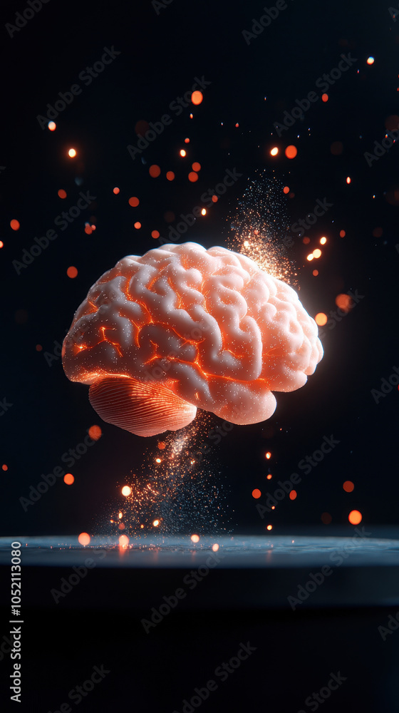 Poster 3d model of brain with light pulses moving through it, showcasing vibrant colors and dynamic energy.