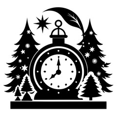 Christmas Clock black Silhouette vector illustration isolated on a transparent background