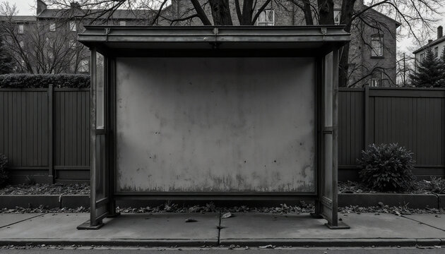 Empty bus stop shelter in a monochrome style with a blank background and urban setting