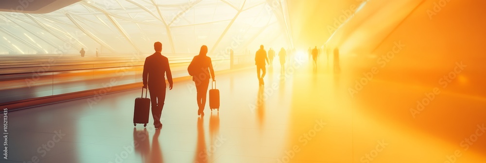 Poster travelers walk through a modern airport terminal bathed in warm sunlight, creating a sense of moveme