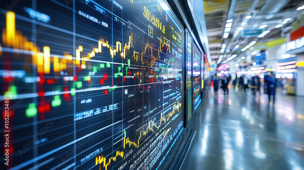 Poster digital screen displaying financial market chart with colorful graphs and data trends, showcasing st