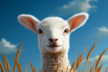 Obraz premium a 2D cartoon illustration of a lamb standing in a grassy meadow soft pastel white background