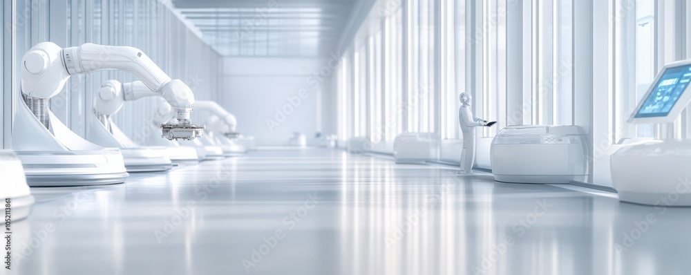 Aufkleber a futuristic workspace featuring robotic arms and advanced technology, symbolizing automation and in