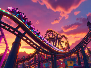 Colorful roller coaster ride at sunset with vibrant sky and lit-up tracks, creating an exhilarating and magical atmosphere.