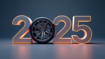 The background shows the numbers 2025 with the wheel of the car instead of zero. Suitable for Happy New Year greetings. Car sales. Car repairs. Tire service.