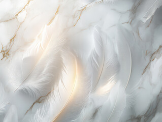 Naklejka premium Elegant white feathers lying delicately on a marble surface, illuminated by gentle light.