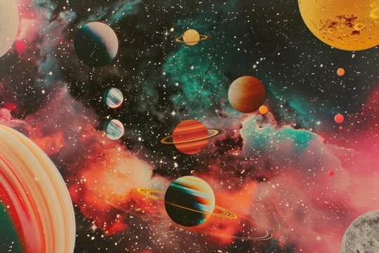Fototapeta Retro collage of space astronomy universe skating.