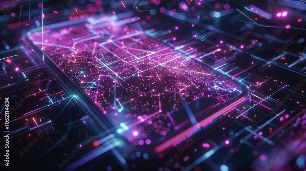 Poster futuristic smartphone displaying an intricate city map with glowing lines and dots, representing adv