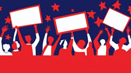 A group of diverse individuals raise empty signs in a vibrant, patriotic setting, symbolizing activism and collective voices in a striking red, white, and blue theme.