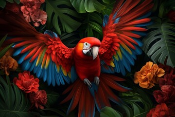 Obraz premium a 2D cartoon illustration of a parrot flapping its wings surrounded by colorful flowers white background