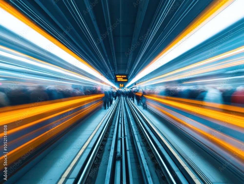 Poster a dynamic blur of motion capturing the energy of a busy subway platform with vibrant lights and rush