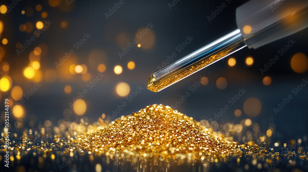 Poster close up of gold assay sample being tested with pipette, showcasing shimmering gold particles and bl