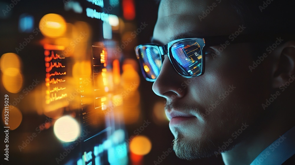 Poster focused individual analyzing digital data display