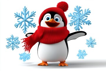 Fototapeta premium a 2D cartoon illustration of a penguin waddling on ice with snowflakes winter scene white background