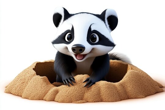a 2D cartoon illustration of a playful badger digging in the ground white background