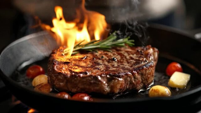 A delicious steak is being seared in a hot skillet, accompanied by cherry tomatoes and rosemary, creating a flavorful culinary moment
