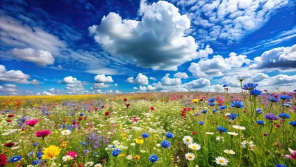 A delicate wildflower field in full bloom with a bright blue sky and fluffy white clouds, spring, field, flowers, garden, green grass © vilavanh
