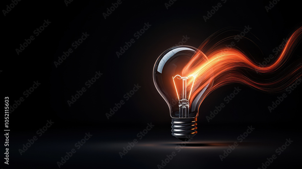 Poster glowing lightbulb emits bright light with abstract flowing lines, creating dynamic and energetic atm