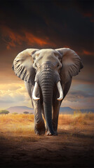 Obraz premium majestic elephant walking through lush landscape, showcasing its grandeur against stunning backdrop. scene evokes sense of wonder and admiration for wildlife