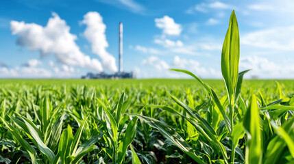 Obraz premium Green crops in field with biomass power plant in background