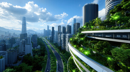 Fototapeta premium Futuristic cityscape with lush greenery and modern architecture, showcasing innovation and