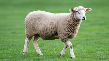 Fototapeta premium A lone sheep walking across a green pasture with soft morning light and dew on the grass, creating a quiet, pastoral ambiance.