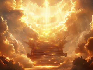 Majestic staircase ascending into golden clouds, surrounded by heavenly light and celestial radiance.