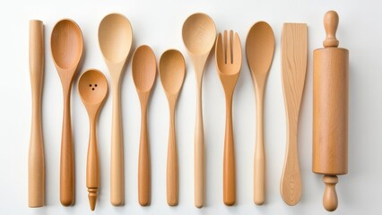 A collection of wooden spoons and forks are laid out on a white background