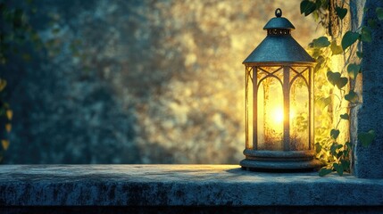 Fototapeta premium A metal lantern on a stone windowsill, glowing against a medieval castle wall with faint silhouettes of ivy creeping around.