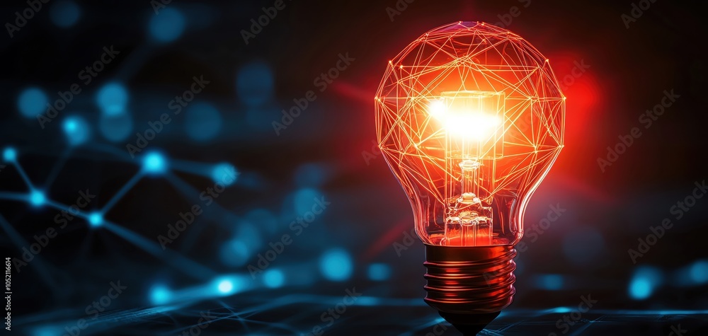 Poster illuminated light bulb with a network design, glowing in a dark background