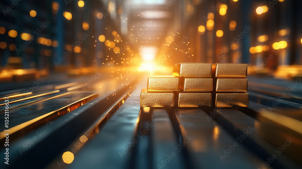 Poster close up of gold bars stacked neatly in vault, illuminated by warm light, creating luxurious and opu