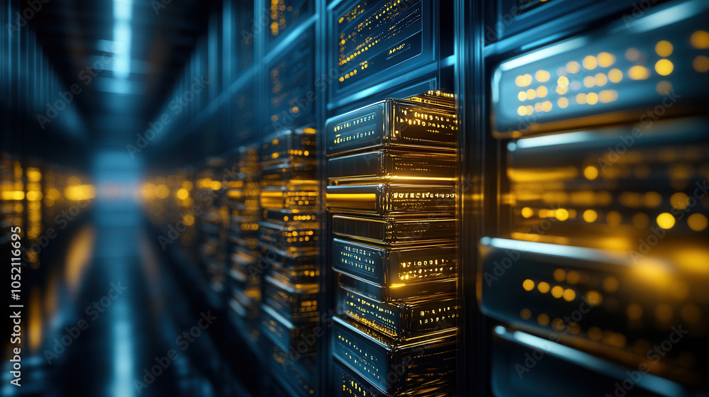 Poster futuristic data center with illuminated server racks showcasing advanced technology and vibrant ligh