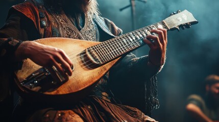 Close-up of a Musician Playing a Unique Guitar on Stage