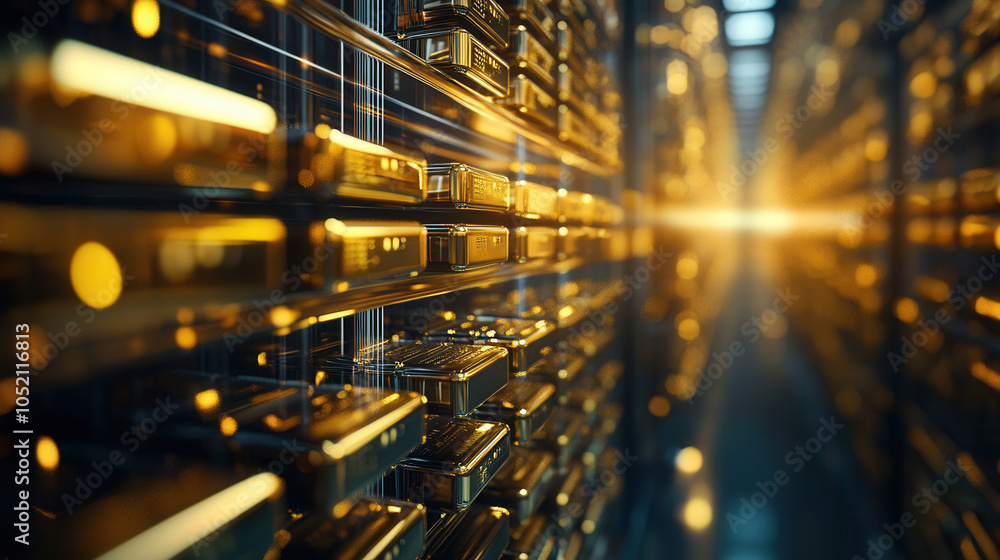 Poster close up of gold bars stacked neatly in vault, illuminated by warm light, creating sense of wealth a