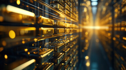 Obraz premium Close up of gold bars stacked neatly in vault, illuminated by warm light, creating sense of wealth and security. intricate details of bars reflect luxurious atmosphere