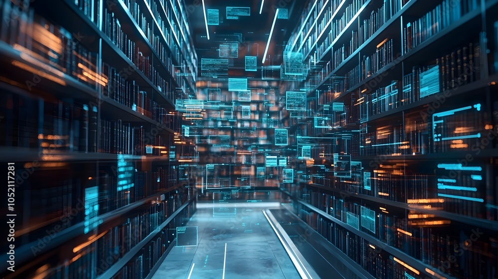 Poster futuristic virtual workspace with endless digital library and knowledge resources